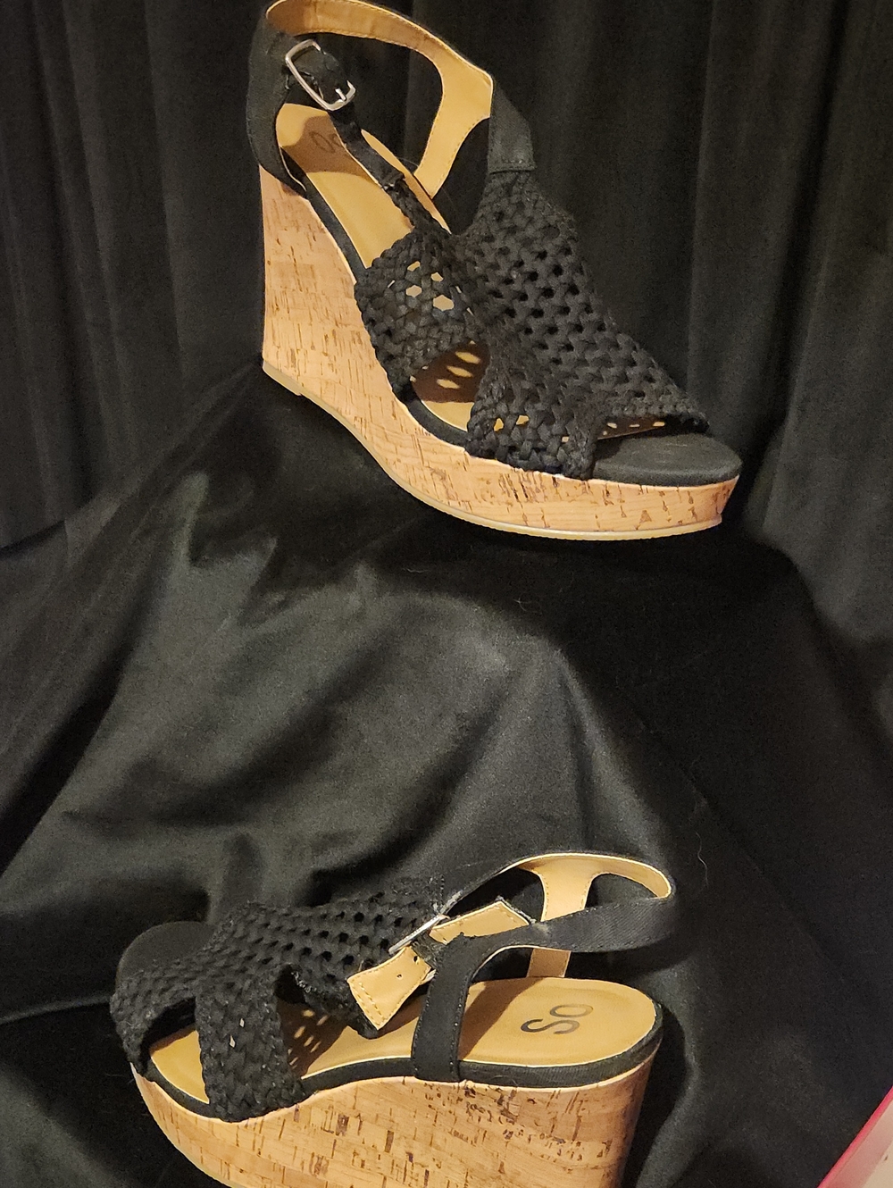 SO Black Woven Cork Wedge Sandals